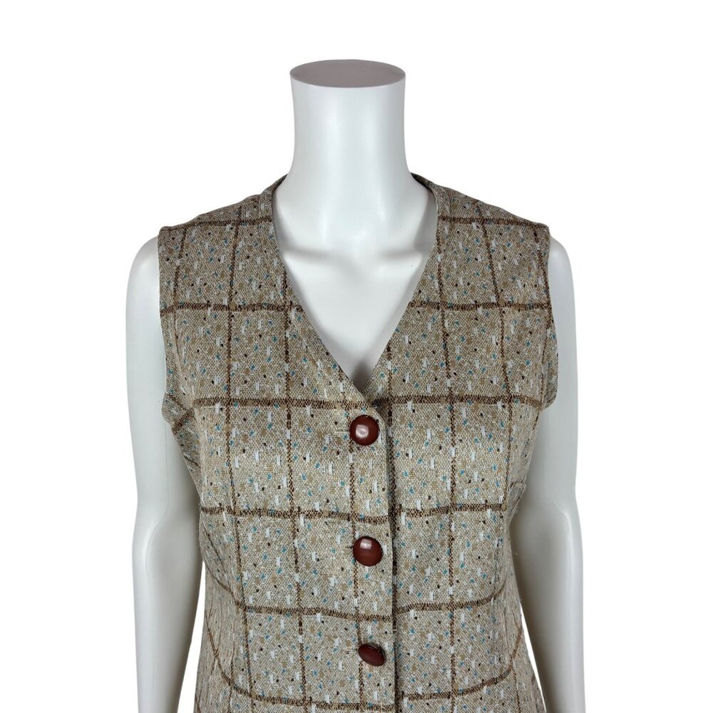 Vintage 70s Long Vest Women's Large Beige Polyester Blue Spotted Button Down Top - Picture 2 of 10
